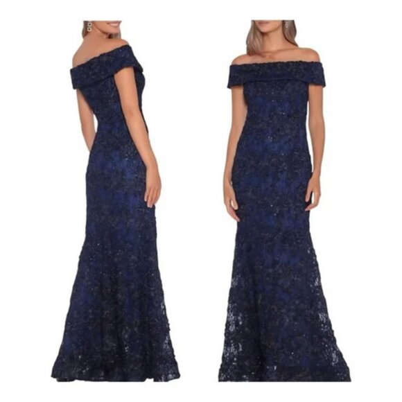 Xscape Navy Blue Black Off the Shoulder Sequin Lace Trumpet Gown - Picture 1 of 1